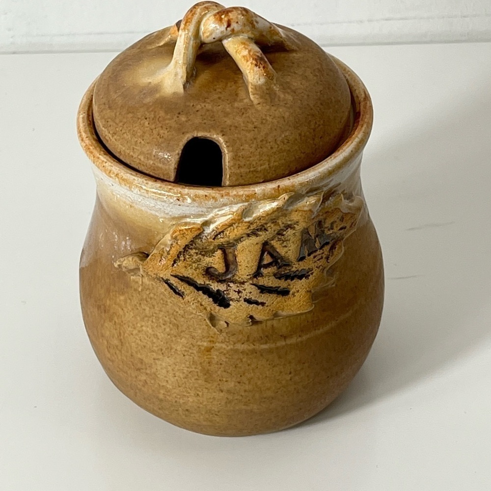 HANDMADE Wheel Thrown Pottery “JAM” Jar with Lid Signed J Lewis Speckle Glaze
